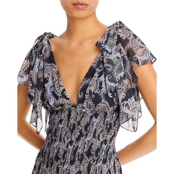 Cinq a Sept Kris Chiffon Dress in Raven Paisley Navy Blue Chiffon Smocked Maxi - Picture 3 of 15